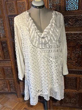Ali Miles Cream Crochet Knit Cowl-Neck Sweater